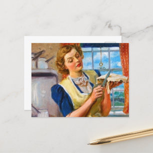 Retro-Dame backt Torte Postkarte