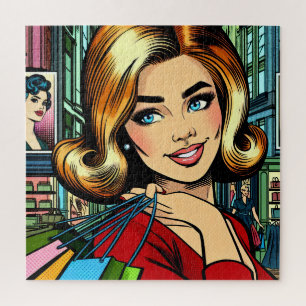 Retro-Dame mit Einkaufstaschen Mitte des Jahrhunde Puzzle