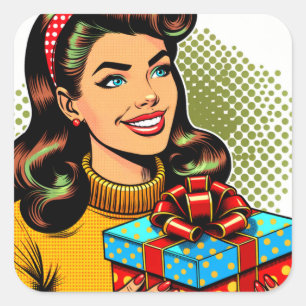 Retro-Dame mit Geburtstagsgeschenk Quadratischer Aufkleber