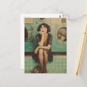 Retro-Dame sitzt gelangweilt in der Waschsalon Postkarte