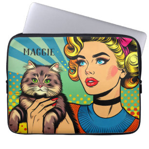 Retro-Dame und Katze personalisiert Laptopschutzhülle