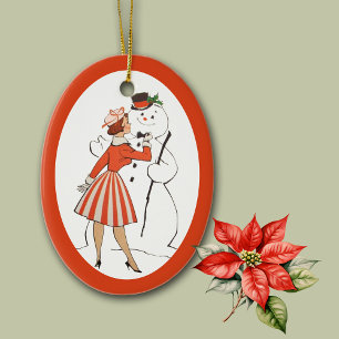 Retro Dame und Schneemann Keramik-Ornament Keramik Ornament