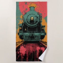 Retro-Dampflok-Grafik mit kräftigen Sonnenuntergan Strandtuch