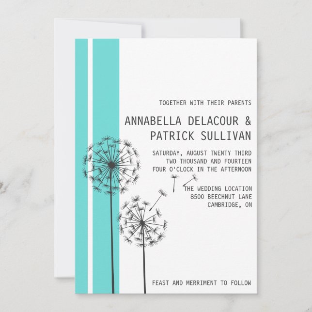 Retro Dandelions Blue Minimalistisch Wedding Einladung (Vorderseite)