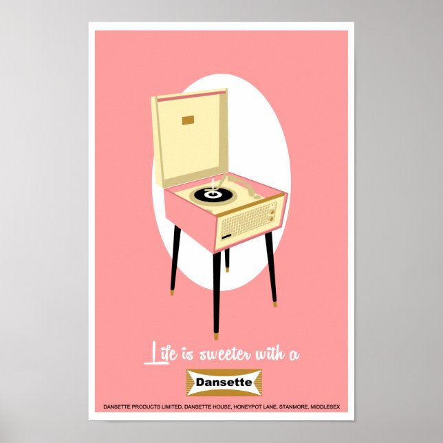 Retro Dansette rosa Plattenspieler Pop Art Poster (Vorne)