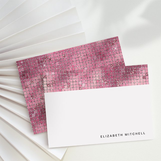 Retro Dark Pink Disco Ball Mirror | Monogramm Mitteilungskarte (Glam, disco-inspired note cards)