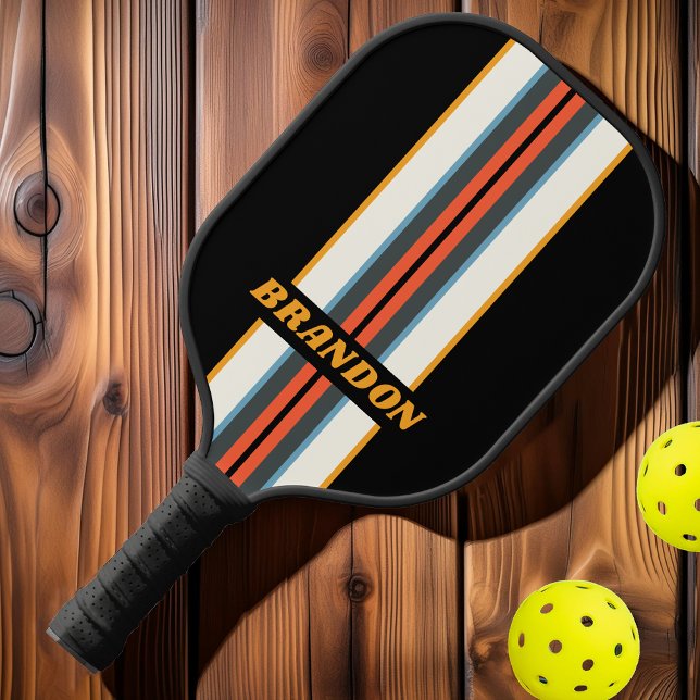 Retro Dark Rainbow Kundgebung Streifen mit Namen Pickleball Schläger (Von Creator hochgeladen)