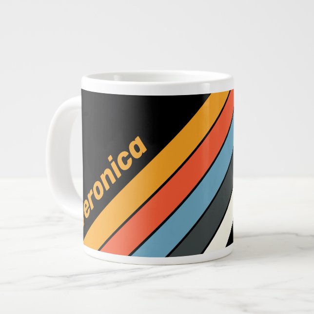Retro Dark Rainbow Striped with Name Jumbo-Tasse (Vorderseite Links)