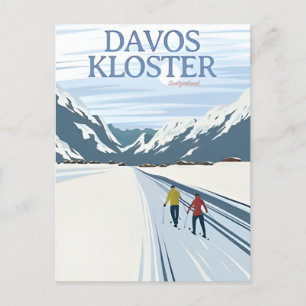 Retro Davos Alpen Winter Skigebiet Schweiz vintage Postkarte