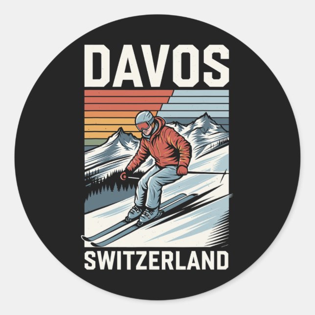 Retro Davos Schweiz Skiort Runder Aufkleber (Vorderseite)