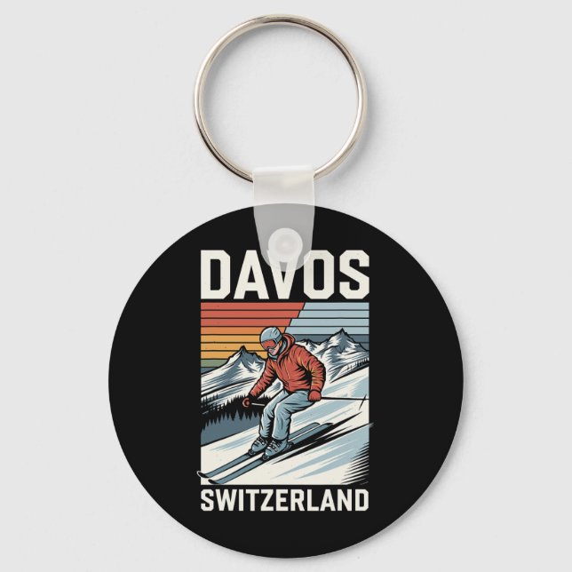 Retro Davos Schweiz Skiort Schlüsselanhänger (Vorderseite)