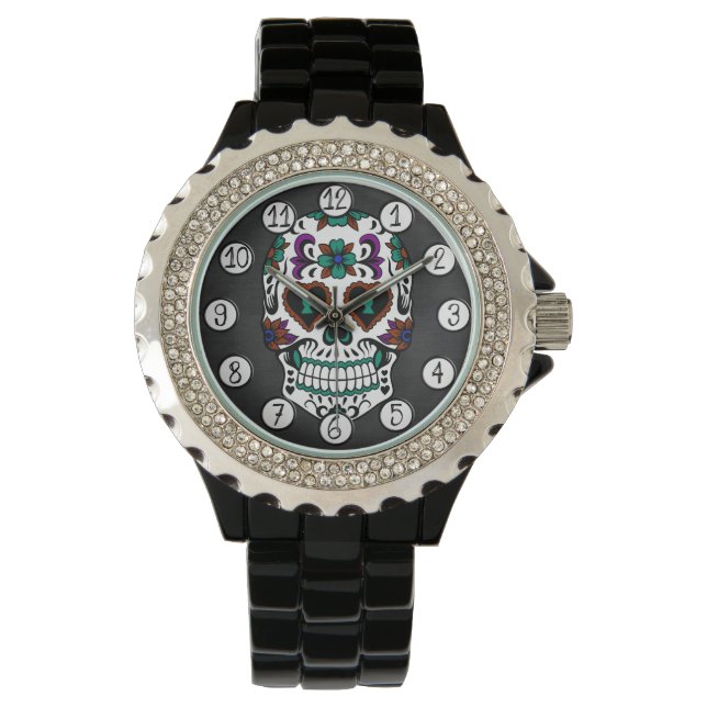 Retro Day of the Dead Sugar Skull Armbanduhr (Vorderseite)