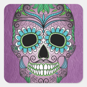 Retro Day of the Dead Sugar Skull on Leather Quadratischer Aufkleber