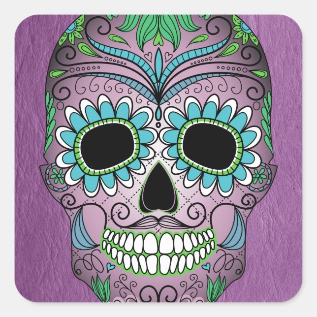 Retro Day of the Dead Sugar Skull on Leather Quadratischer Aufkleber (Vorderseite)
