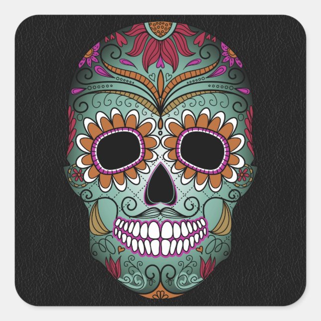 Retro Day of the Dead Sugar Skull on Leather Quadratischer Aufkleber (Vorderseite)