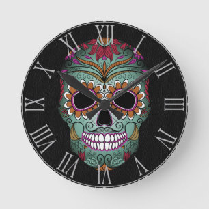 Retro Day of the Dead Sugar Skull on Leather Runde Wanduhr