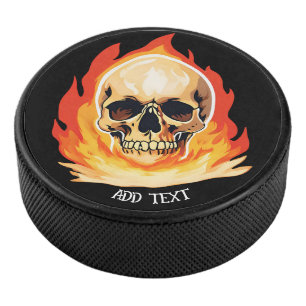 Retro Dead Burning Skelett Skelett Schädel im Feue Eishockey Puck