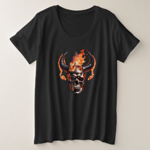 Retro Dead Burning Skull mit Horn im Feuer Große Größe T-Shirt