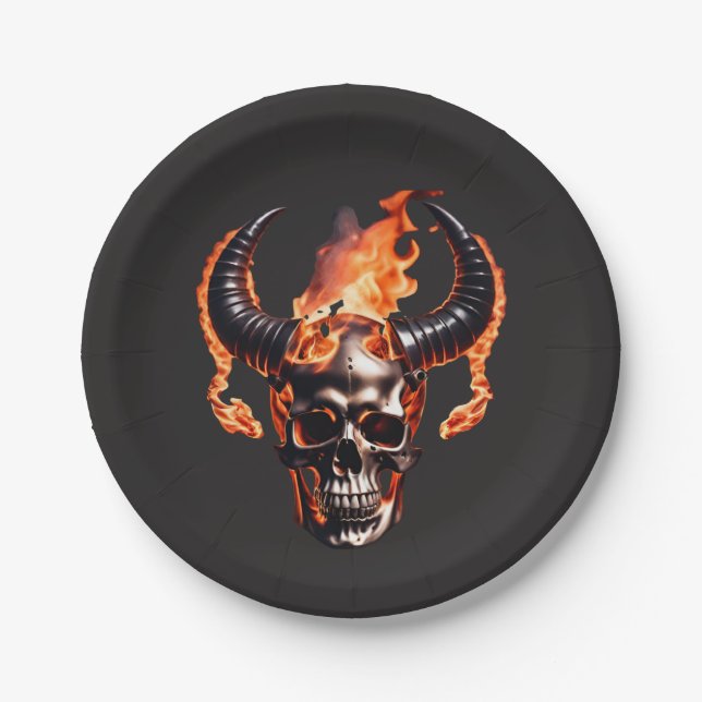 Retro Dead Burning Skull mit Horn im Feuer Pappteller (Vorderseite)