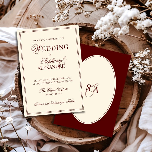 Retro Deep Burgundy Ivory Oval Old Money Wedding  Einladung (Von Creator hochgeladen)