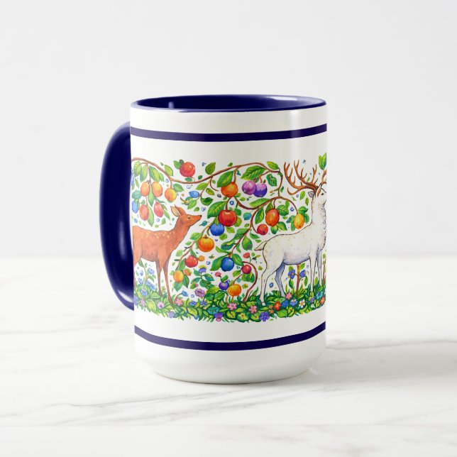 Retro Deer In Fruit Tree Forest Frieze Tasse (Vorderseite Links)