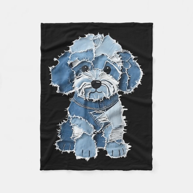 Retro Denim Dog Patch, Funny Shabby Blue Jean Pupp Fleecedecke (Vorderseite)