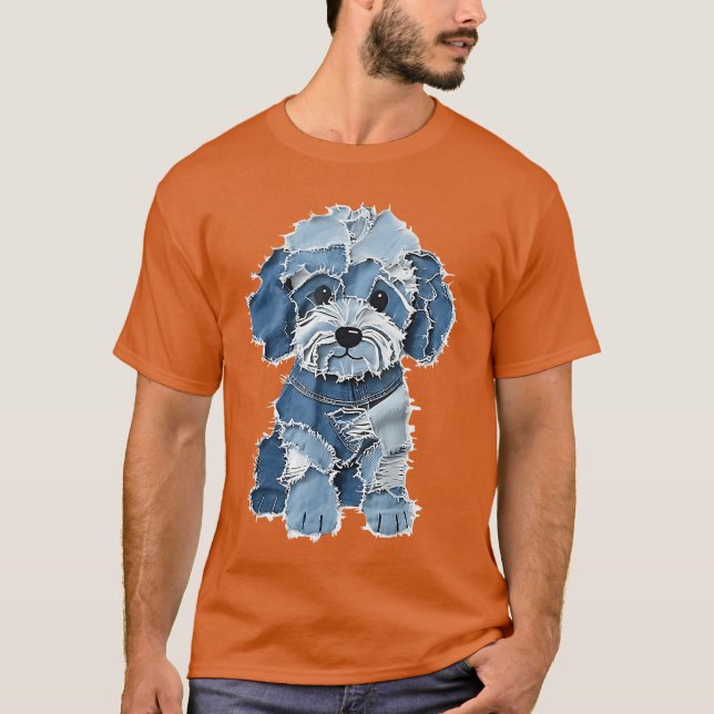 Retro-Denim-Hunde-Patch lustiger schäbiger blauer  T-Shirt (Vorderseite)
