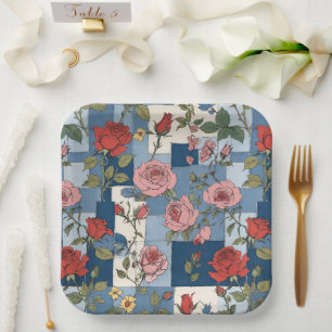 Retro Denim Patches mit Rote Rosen Pappteller