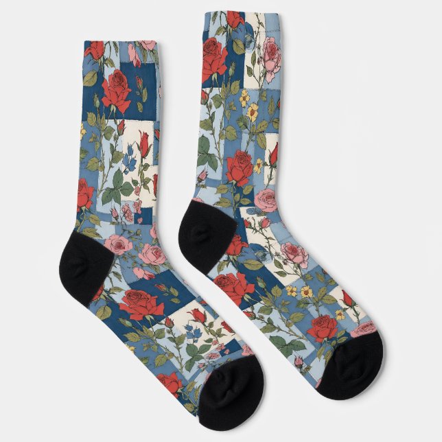 Retro-Denim-Patchwork mit Rosen Socken (Rechts)