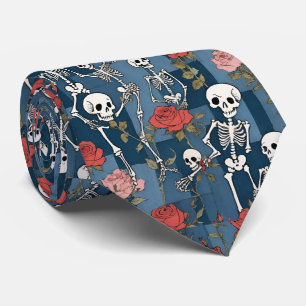 Retro Denim Patchwork mit Skeletten und Rose Krawatte