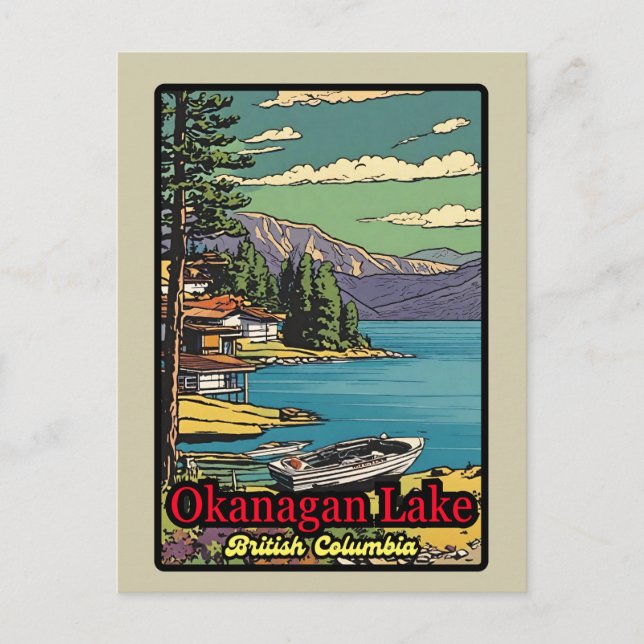 Retro der Okanagan Seenlandschaft Vintages Comic 7 Postkarte (Vorderseite)
