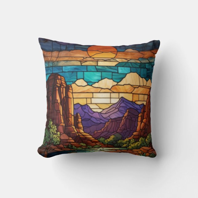 Retro desert scene Sedona mountains stainglass art Kissen (Vorderseite)