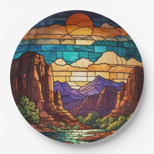 Retro desert scene Sedona mountains stainglass art Pappteller (Vorderseite)