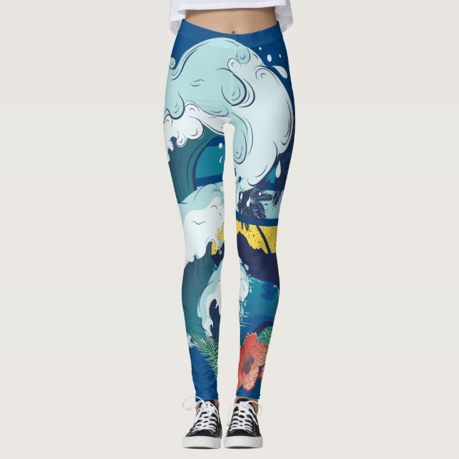 Retro-Design von Strand, Palmen und Meereswellen Leggings (Vorderseite)