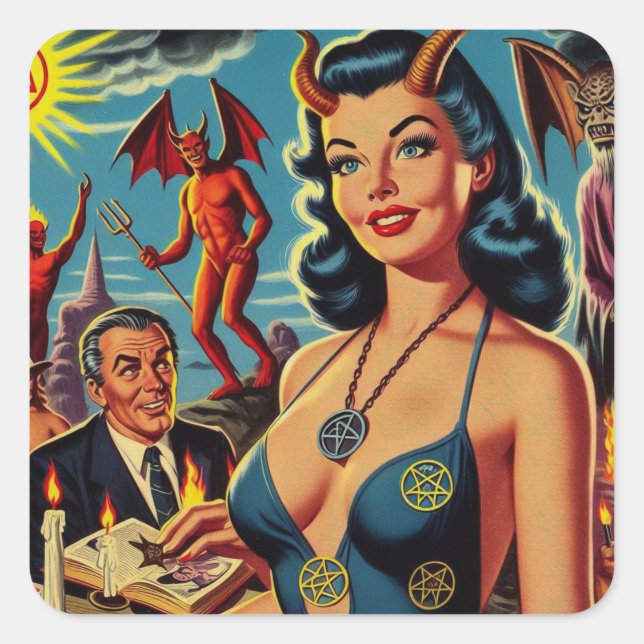 Retro Devil Girl Quadratischer Aufkleber (Vorderseite)