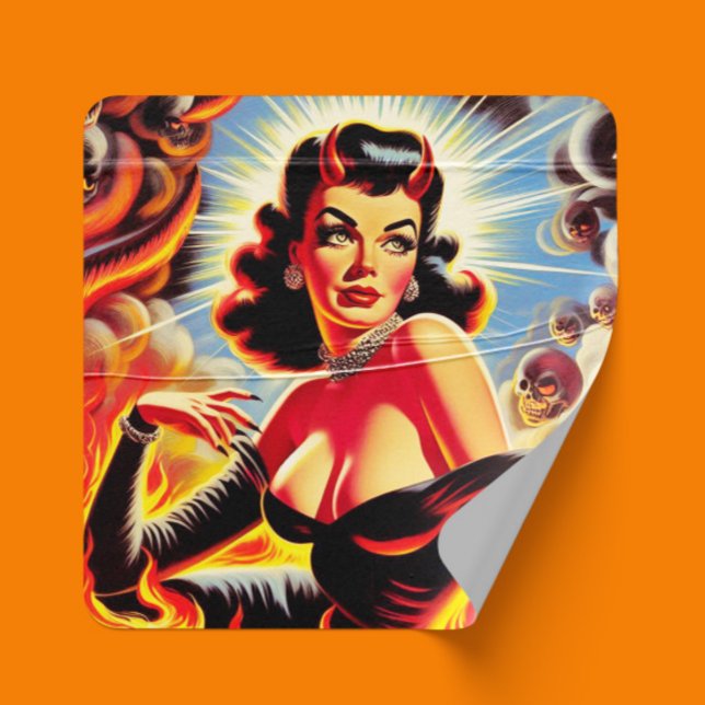 Retro Devilish Pinup Quadratischer Aufkleber (Von Creator hochgeladen)