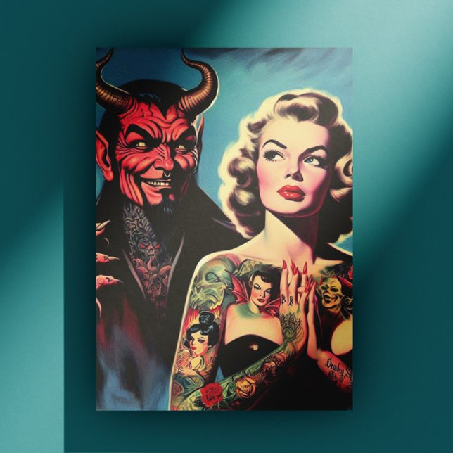 Retro Devilish Tattooed Pin-up Postkarte (Von Creator hochgeladen)