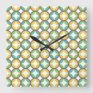 Retro Diamant in Kreis Muster Blau Grün Gold Quadratische Wanduhr