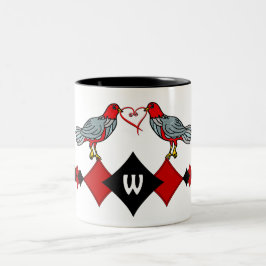 Retro-Diamanten, Vögel und Herzwürmer_Mit Monogram Zweifarbige Tasse