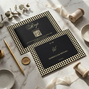 Retro-Diamantmuster Schwarz Goldene Hochzeits-QR RSVP Karte
