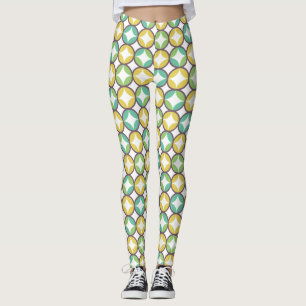Retro Diamond in Circle Muster Blue Green Gold Leggings