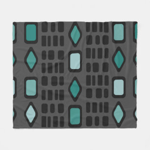Retro Diamonds Rechtecke Schwarz Türkis Fleecedecke