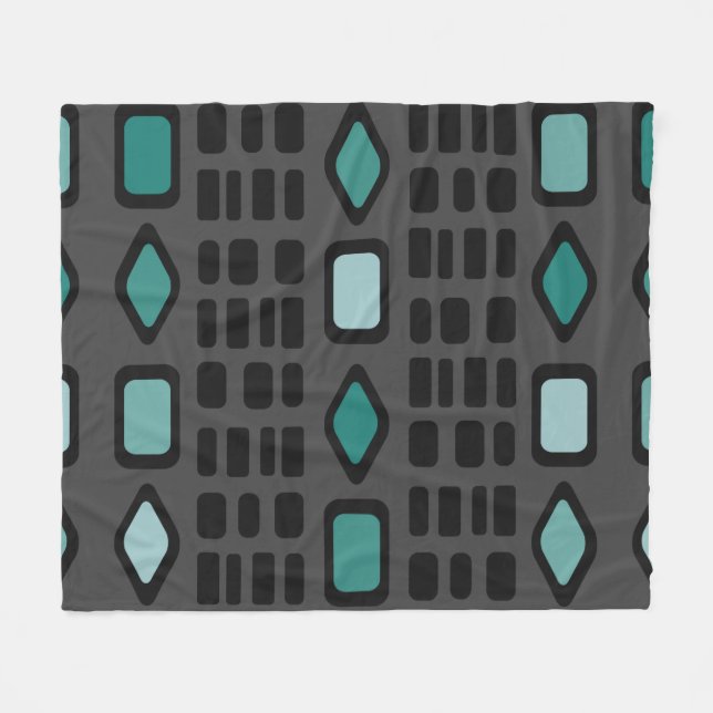 Retro Diamonds Rechtecke Schwarz Türkis Fleecedecke (Vorderseite (Horizontal))