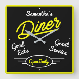 Retro Diner 50er Gelbe Neon Effekt Jeder Name Quadratische Wanduhr