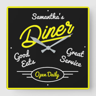 Retro Diner 50er Gelbe Neon Effekt Jeder Name Quadratische Wanduhr