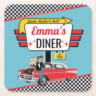 Retro Diner Aquamarin/Gelb Geburtstagsparty der 19 Rechteckiger Pappuntersetzer