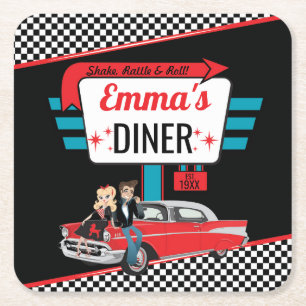 Retro Diner Black/Red Birthday Party der 50er Jahr Rechteckiger Pappuntersetzer