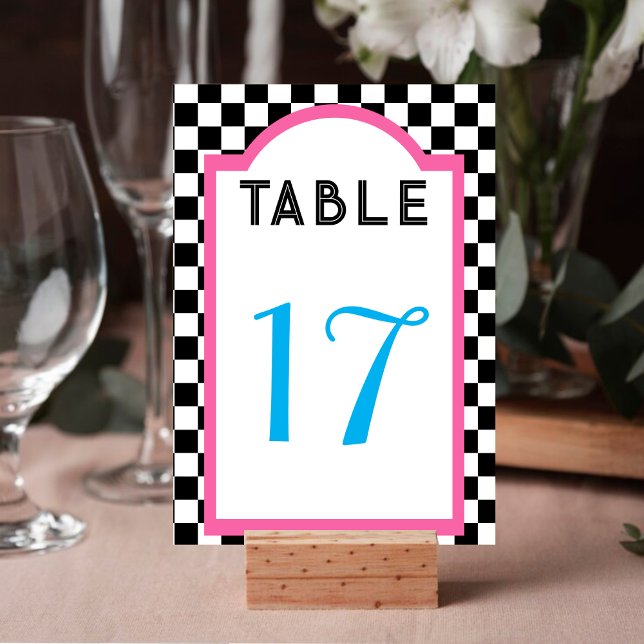 Retro Diner Checkerboard Pink Blue Black & White Tischnummer (Retro Diner Checkerboard Pink Blue Black & White Table Number)
