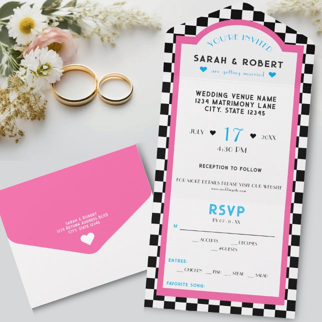 Retro Diner Checkerboard Pink & Blue Wedding All In One Einladung (Retro Diner Checkerboard Pink & Blue Wedding All In One Invitation)