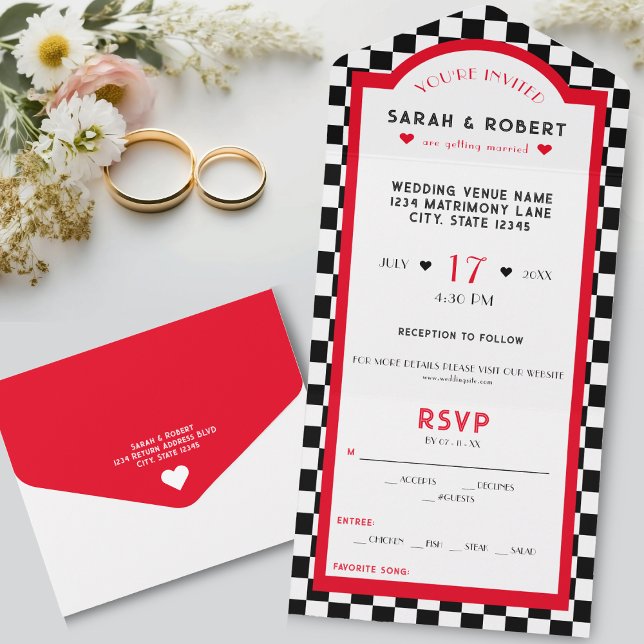 Retro Diner Checkerboard Red Black & White Wedding All In One Einladung (Retro Diner Checkerboard Red Black & White Wedding All In One Invitation)